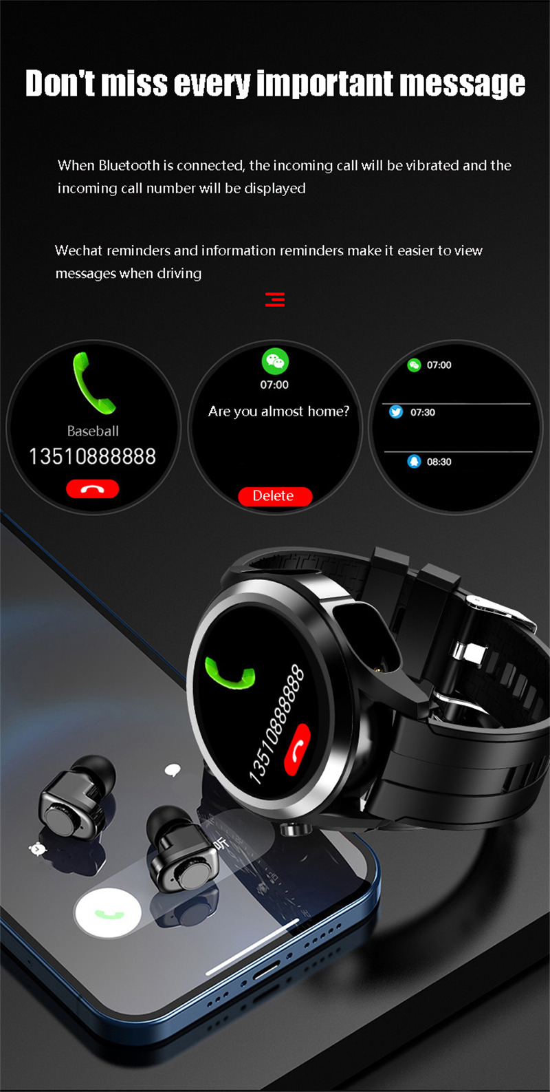 T10 bluetooth call smart watch with tws earphone