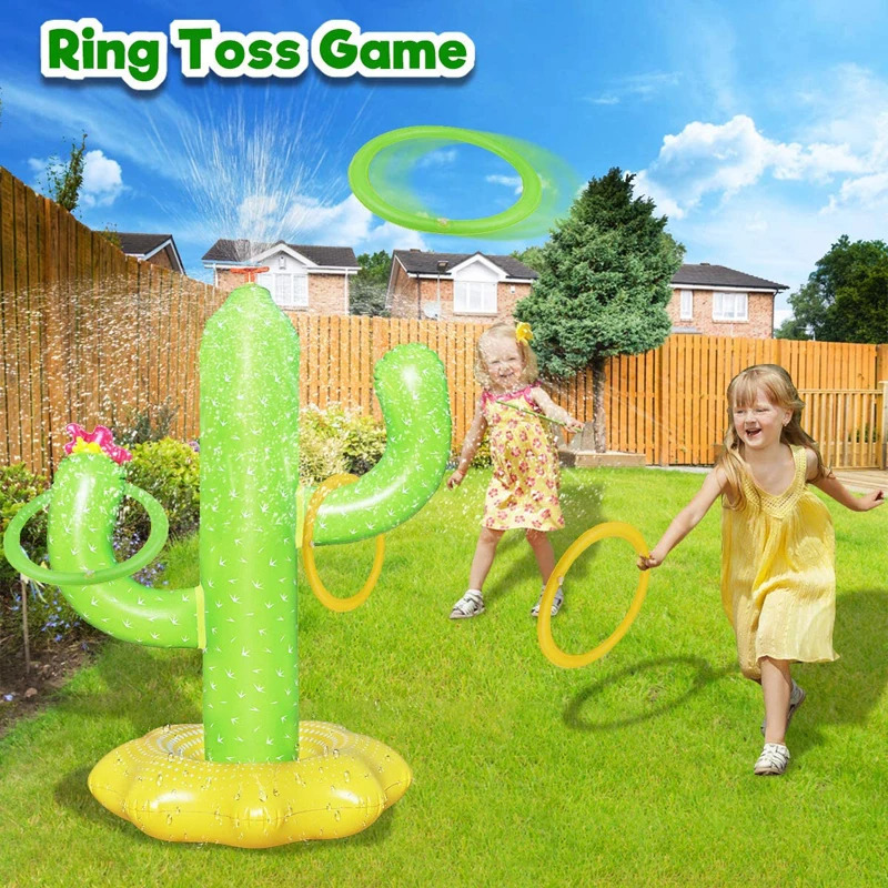 inflatable cactus water sprinkler spray 4 ring toss toy